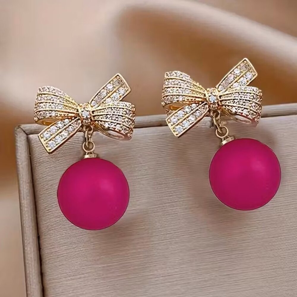 Rhinestone Bows w/ Dangling Hot Pink Ball Earrings Z74